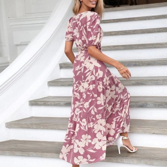 Dusty Pink Boho Womens Floral Print Twist Front Cut Out Ruffle Hem Dress - Picture 3 of 5